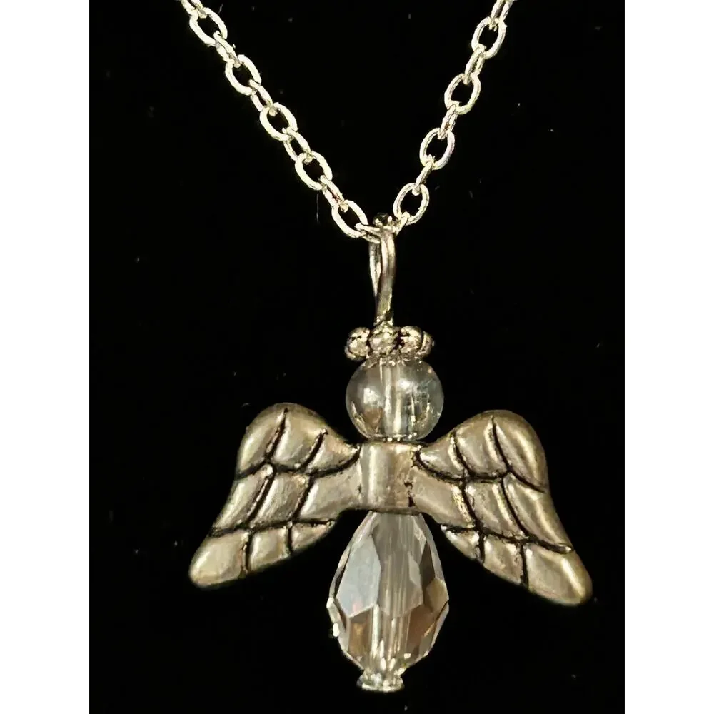 Silver Tone Beaded Angel Pendant Necklace 18